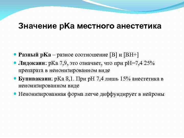 Значение p. Ka местного анестетика Разный p. Ka – разное соотношение [В] и [ВН+]