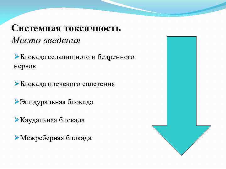 Системная токсичность Место введения ØБлокада седалищного и бедренного нервов ØБлокада плечевого сплетения ØЭпидуральная блокада