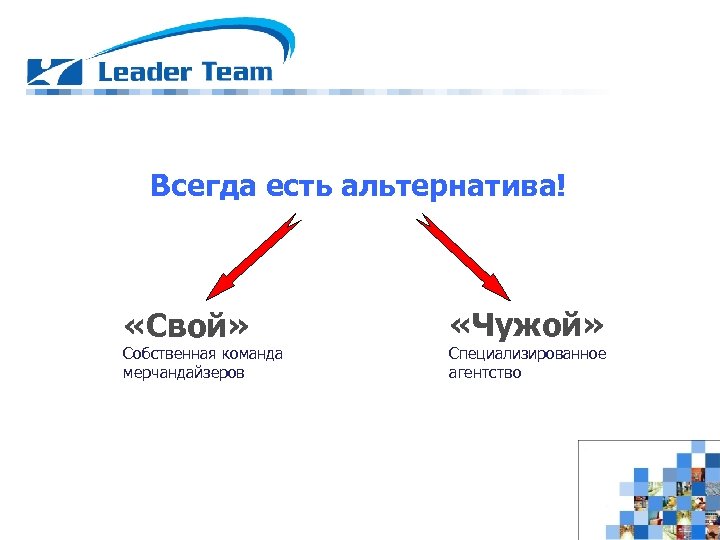 Всегда есть альтернатива! «Свой» Собственная команда мерчандайзеров «Чужой» Специализированное агентство 