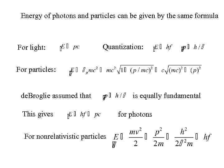 Energy of photons and particles can be given by the same formula For light: