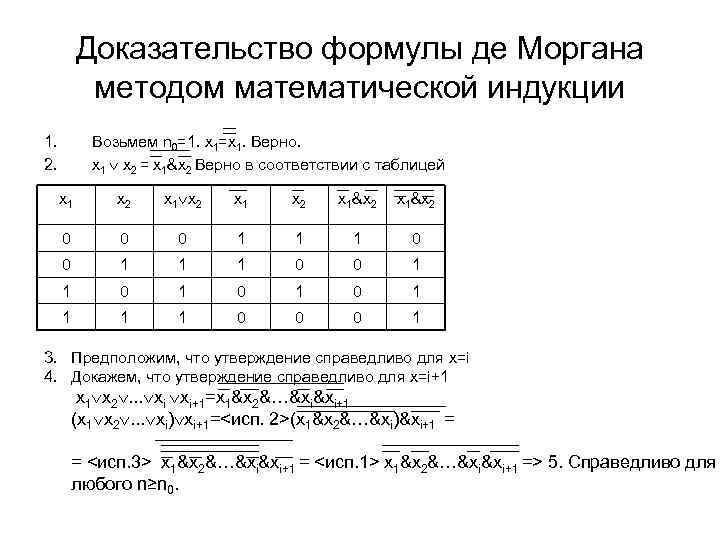 Доказательство формулы де Моргана методом математической индукции 1. 2. Возьмем n 0=1. x 1=x