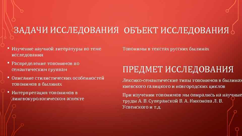 ЗАДАЧИ ИССЛЕДОВАНИЯ ОБЪЕКТ ИССЛЕДОВАНИЯ • Изучение научной литературы по теме исследования • Распределение топонимов