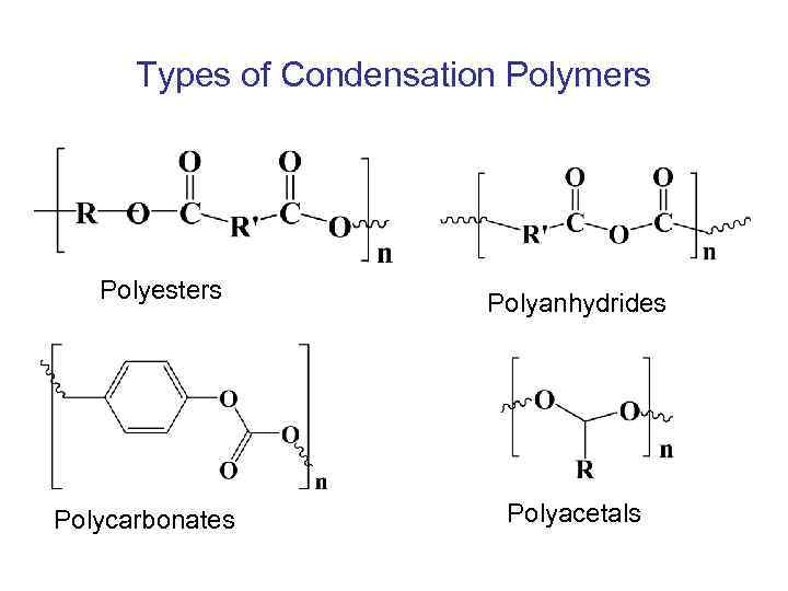 Types of Condensation Polymers Polyesters Polycarbonates Polyanhydrides Polyacetals 