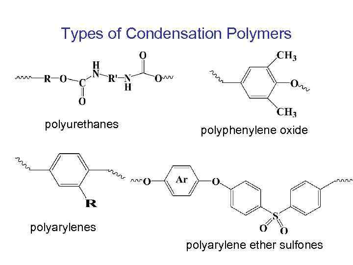 Types of Condensation Polymers polyurethanes polyphenylene oxide polyarylenes polyarylene ether sulfones 