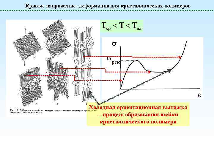 Кривые напряжение –деформация для кристаллических полимеров Холодная ориентационная вытяжка – процесс образования шейки кристаллического