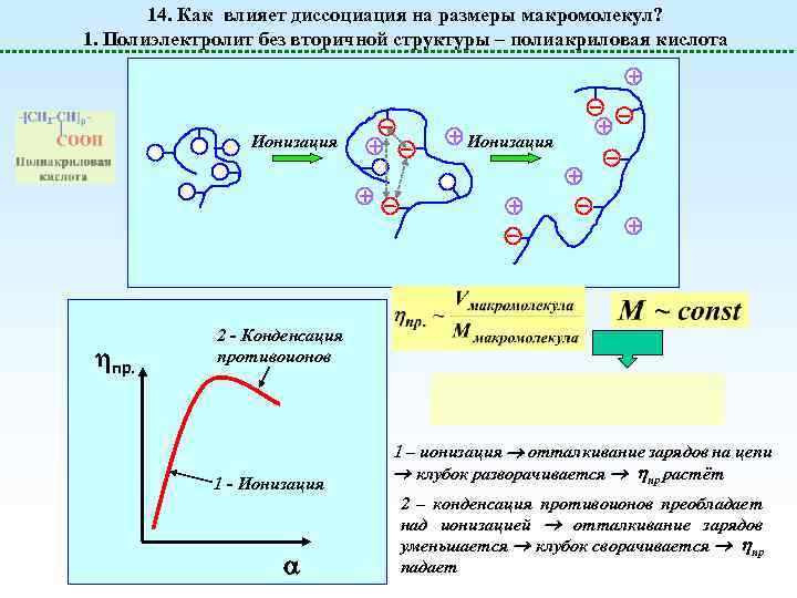 14. Как влияет диссоциация на размеры макромолекул? 1. Полиэлектролит без вторичной структуры – полиакриловая