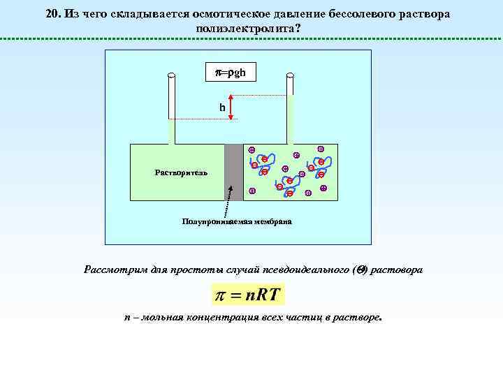 20. Из чего складывается осмотическое давление бессолевого раствора полиэлектролита? = gh h Растворитель Полупроницаемая