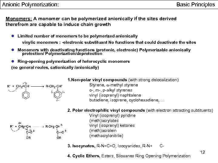 Anionic Polymerization: Basic Principles Monomers: A monomer can be polymerized anionically if the sites