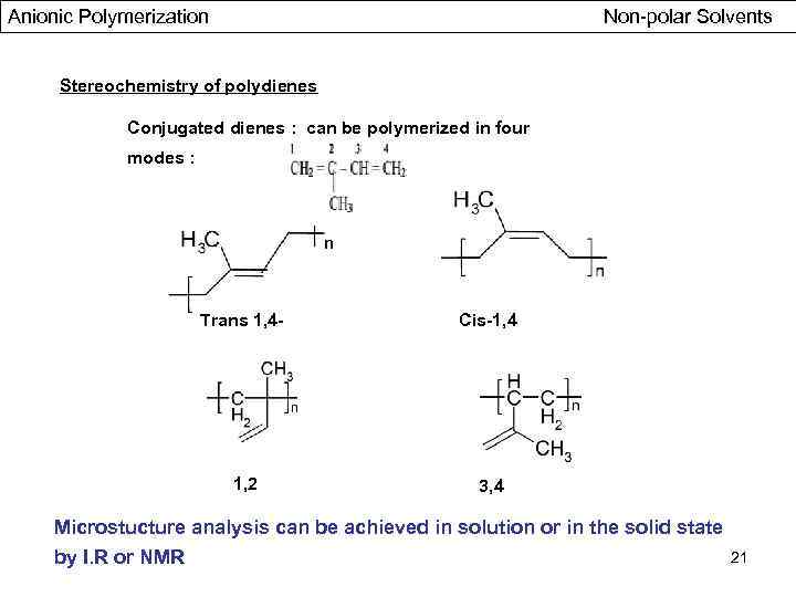 Anionic Polymerization Non-polar Solvents Stereochemistry of polydienes Conjugated dienes : can be polymerized in