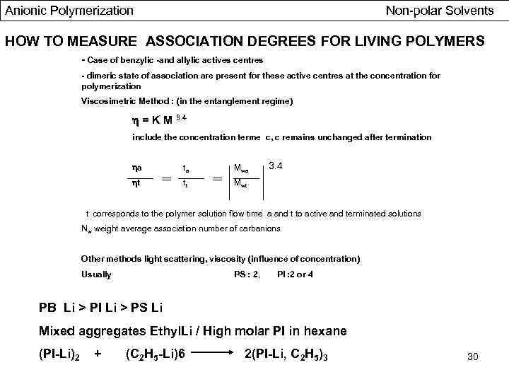 Anionic Polymerization Non-polar Solvents HOW TO MEASURE ASSOCIATION DEGREES FOR LIVING POLYMERS - Case