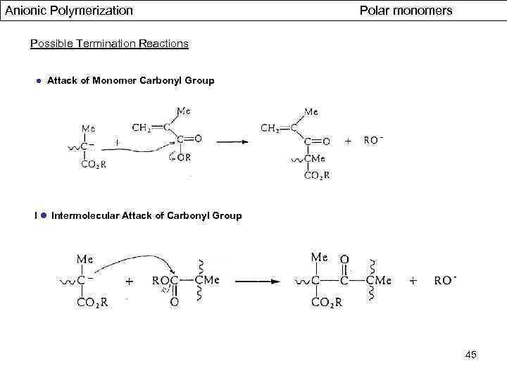 Anionic Polymerization Polar monomers Possible Termination Reactions ● Attack of Monomer Carbonyl Group I