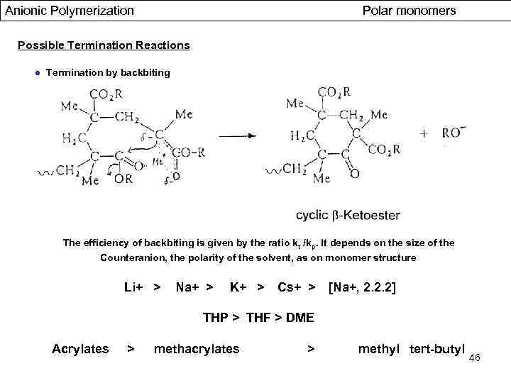 Anionic Polymerization Polar monomers Possible Termination Reactions ● Termination by backbiting The efficiency of