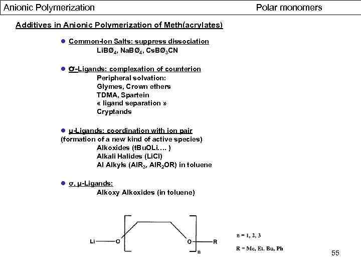 Anionic Polymerization Polar monomers Additives in Anionic Polymerization of Meth(acrylates) ● Common-Ion Salts: suppress