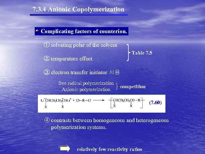 7. 3. 4 Anionic Copolymerization Complicating factors of counterion. ① solvating polar of the