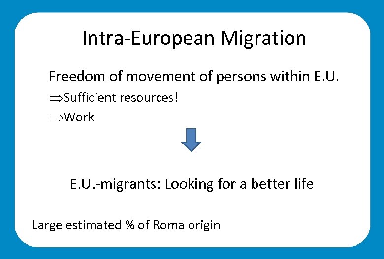  Intra-European Migration Freedom of movement of persons within E. U. ÞSufficient resources! ÞWork