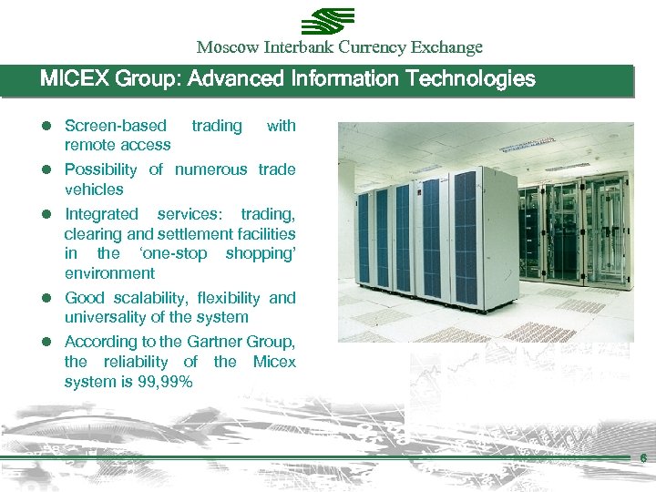 Moscow Interbank Currency Exchange MICEX Group: Advanced Information Technologies ● Screen-based ● trading with