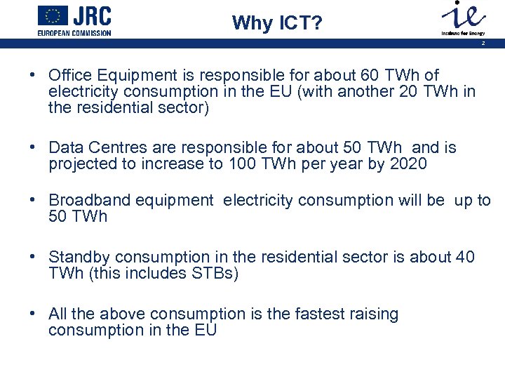 Why ICT? 2 • Office Equipment is responsible for about 60 TWh of electricity