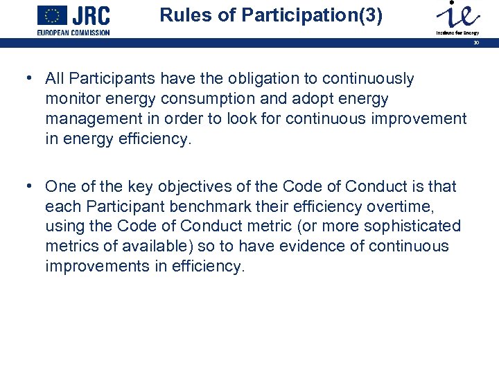 Rules of Participation(3) 30 • All Participants have the obligation to continuously monitor energy