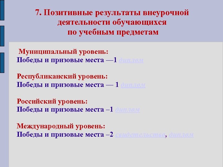 7. Позитивные результаты внеурочной деятельности обучающихся по учебным предметам Муниципальный уровень: Победы и призовые