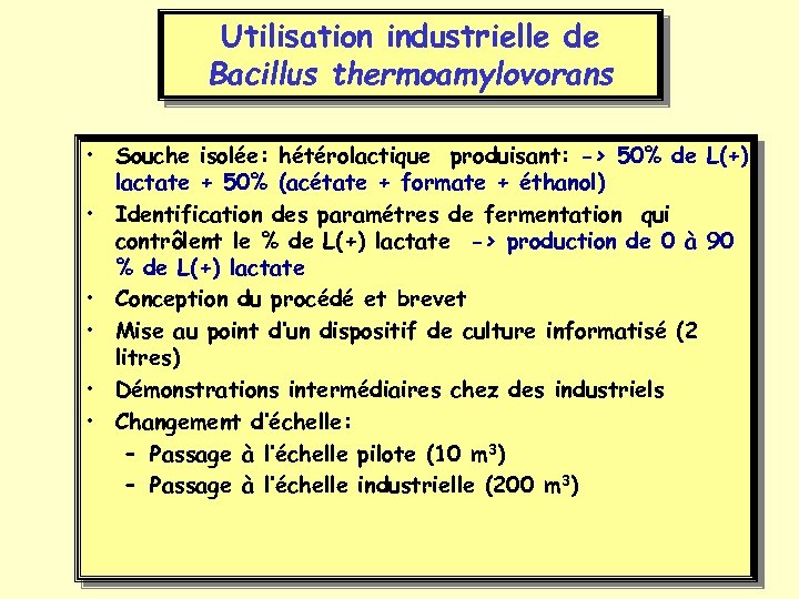 Utilisation industrielle de Bacillus thermoamylovorans • Souche isolée: hétérolactique produisant: -> 50% de L(+)