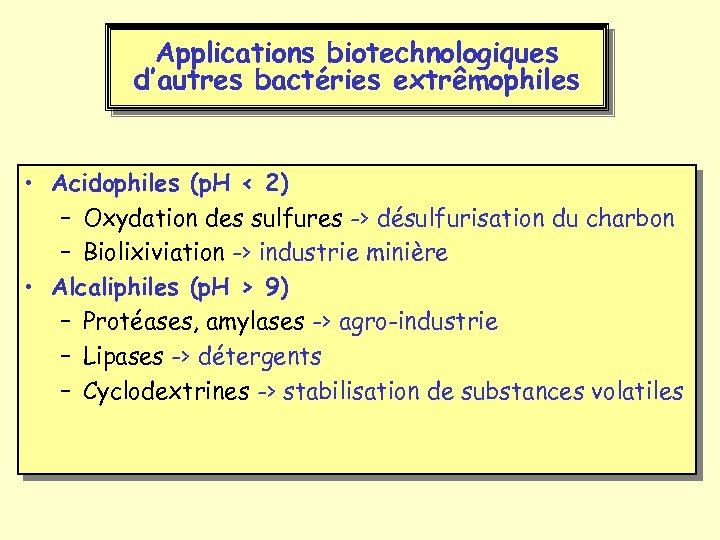 Applications biotechnologiques d’autres bactéries extrêmophiles • Acidophiles (p. H < 2) – Oxydation des