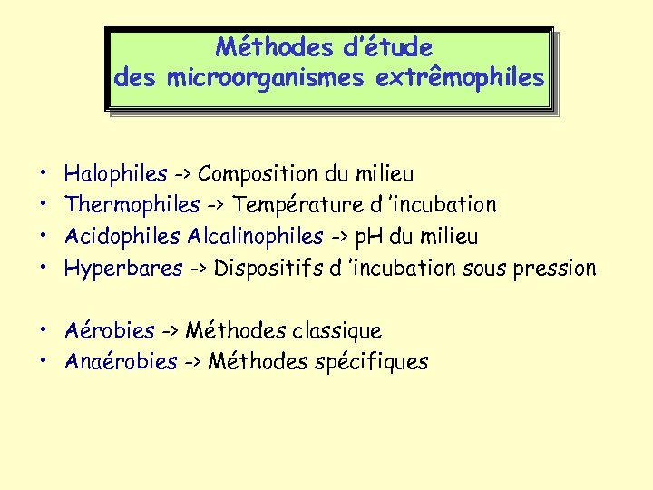 Méthodes d’étude des microorganismes extrêmophiles • • Halophiles -> Composition du milieu Thermophiles ->