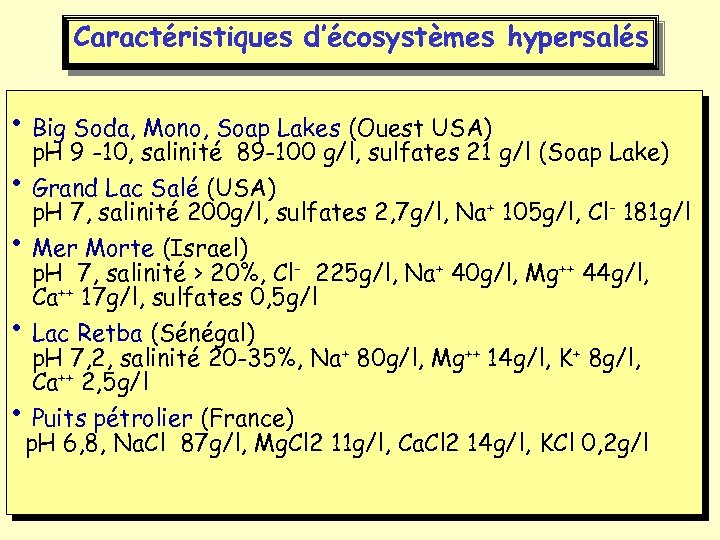 Caractéristiques d’écosystèmes hypersalés • Big Soda, Mono, Soap Lakes (Ouest USA) p. H 9