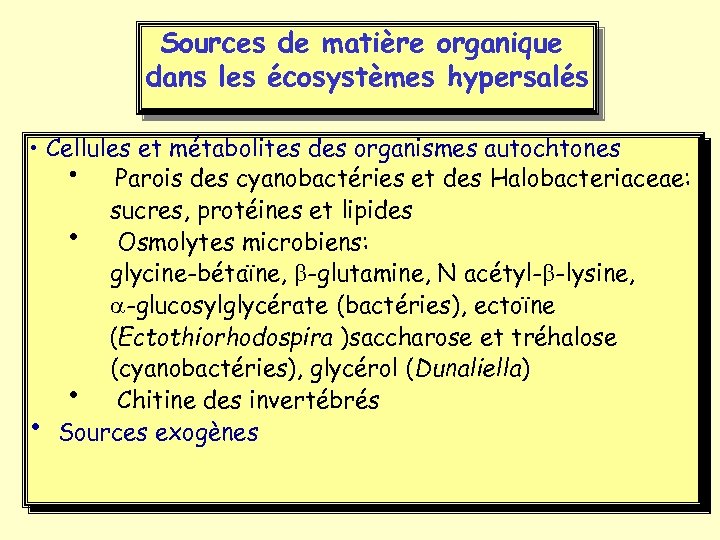 Sources de matière organique dans les écosystèmes hypersalés • Cellules et métabolites des organismes