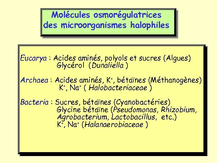 Molécules osmorégulatrices des microorganismes halophiles Eucarya : Acides aminés, polyols et sucres (Algues) Glycérol