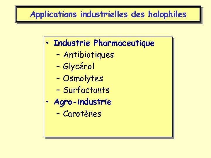 Applications industrielles des halophiles • Industrie Pharmaceutique – Antibiotiques – Glycérol – Osmolytes –