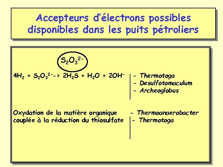 Accepteurs d’électrons possibles disponibles dans les puits pétroliers S 2 O 324 H 2