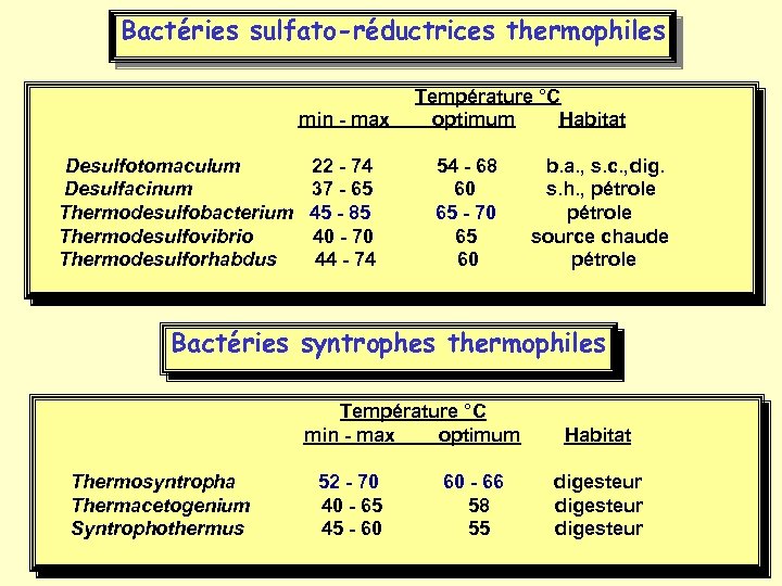 Bactéries sulfato-réductrices thermophiles Température °C min - max optimum Habitat Desulfotomaculum 22 - 74