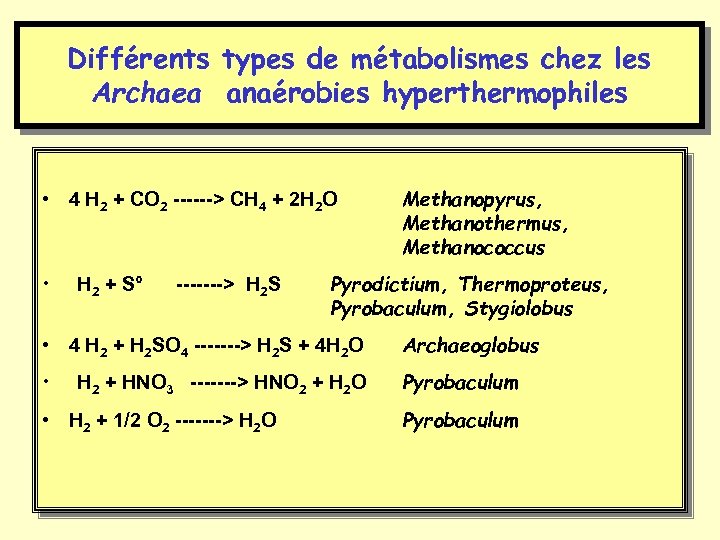 Différents types de métabolismes chez les Archaea anaérobies hyperthermophiles • 4 H 2 +