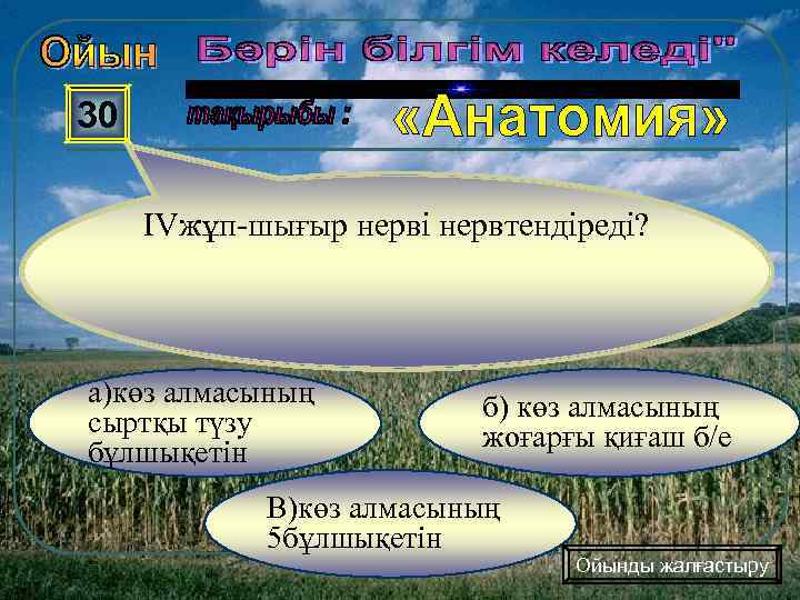 30 IVжұп-шығыр нерві нервтендіреді? а)көз алмасының сыртқы түзу бұлшықетін б) көз алмасының жоғарғы қиғаш