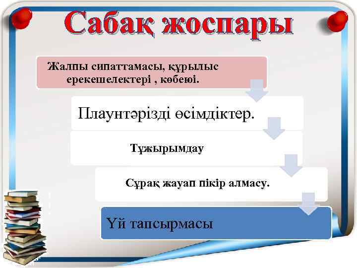 Сабақ жоспары Жалпы сипаттамасы, құрылыс ерекешелектері , көбеюі. Плаунтәрізді өсімдіктер. Тұжырымдау Сұрақ жауап пікір