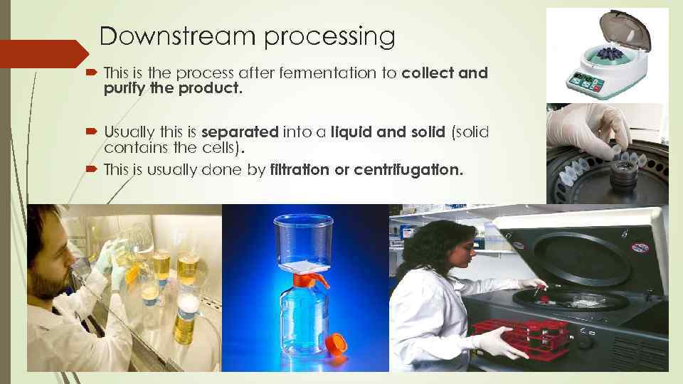 Downstream processing This is the process after fermentation to collect and purify the product.