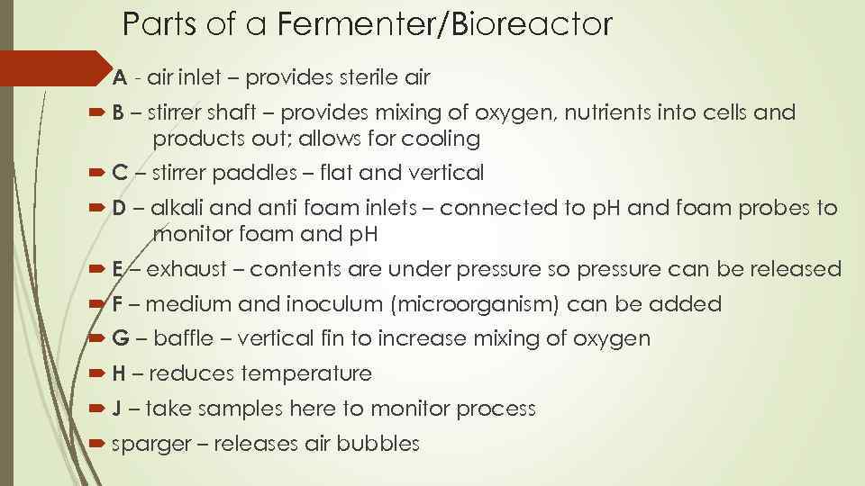 Parts of a Fermenter/Bioreactor A - air inlet – provides sterile air B –