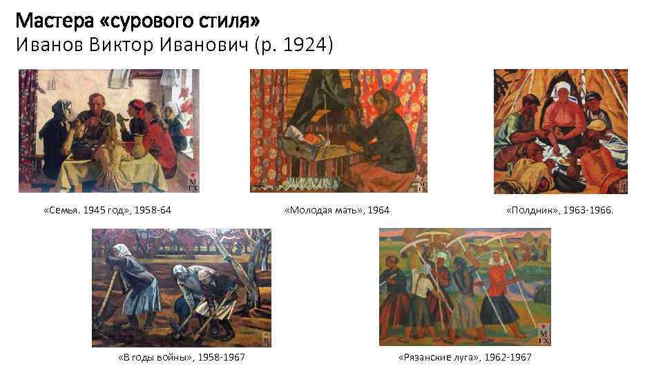 Мастера «сурового стиля» Иванов Виктор Иванович (р. 1924) «Семья. 1945 год» , 1958 -64