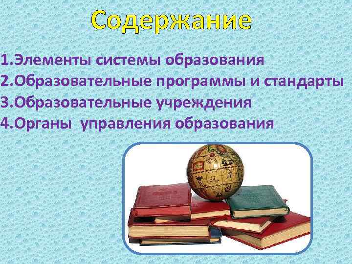 Содержание 1. Элементы системы образования 2. Образовательные программы и стандарты 3. Образовательные учреждения 4.