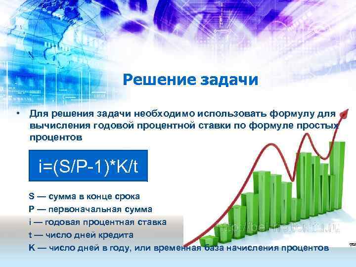 Решение задачи • Для решения задачи необходимо использовать формулу для вычисления годовой процентной ставки