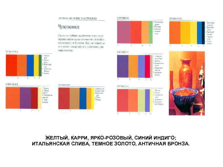 ЖЕЛТЫЙ, КАРРИ, ЯРКО-РОЗОВЫЙ, СИНИЙ ИНДИГО; ИТАЛЬЯНСКАЯ СЛИВА, ТЕМНОЕ ЗОЛОТО, АНТИЧНАЯ БРОНЗА. 