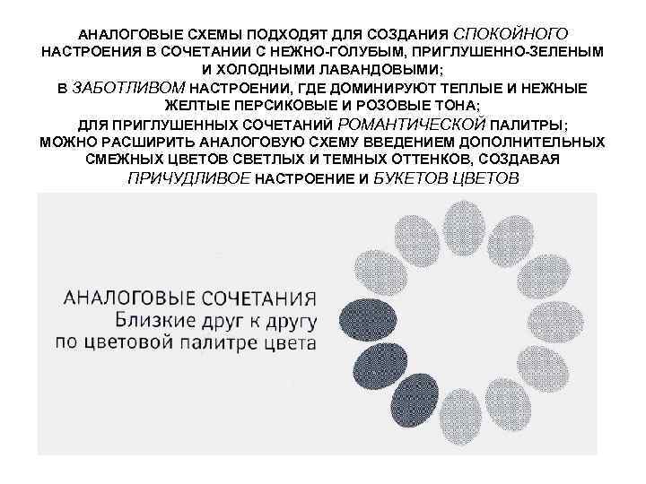 АНАЛОГОВЫЕ СХЕМЫ ПОДХОДЯТ ДЛЯ СОЗДАНИЯ СПОКОЙНОГО НАСТРОЕНИЯ В СОЧЕТАНИИ С НЕЖНО-ГОЛУБЫМ, ПРИГЛУШЕННО-ЗЕЛЕНЫМ И ХОЛОДНЫМИ