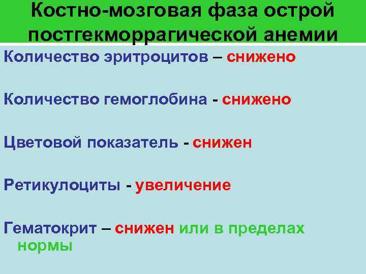 Костно-мозговая фаза острой постгекморрагической анемии Количество эритроцитов – снижено Количество гемоглобина - снижено Цветовой