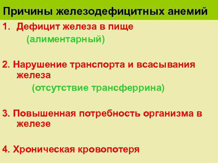 Причины железодефицитных анемий 1. Дефицит железа в пище (алиментарный) 2. Нарушение транспорта и всасывания