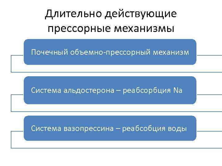 Длительно действующие прессорные механизмы Почечный объемно-прессорный механизм Система альдостерона – реабсорбция Na Система вазопрессина