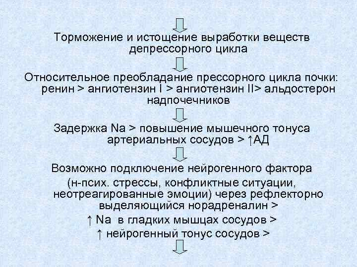 Торможение и истощение выработки веществ депрессорного цикла Относительное преобладание прессорного цикла почки: ренин >