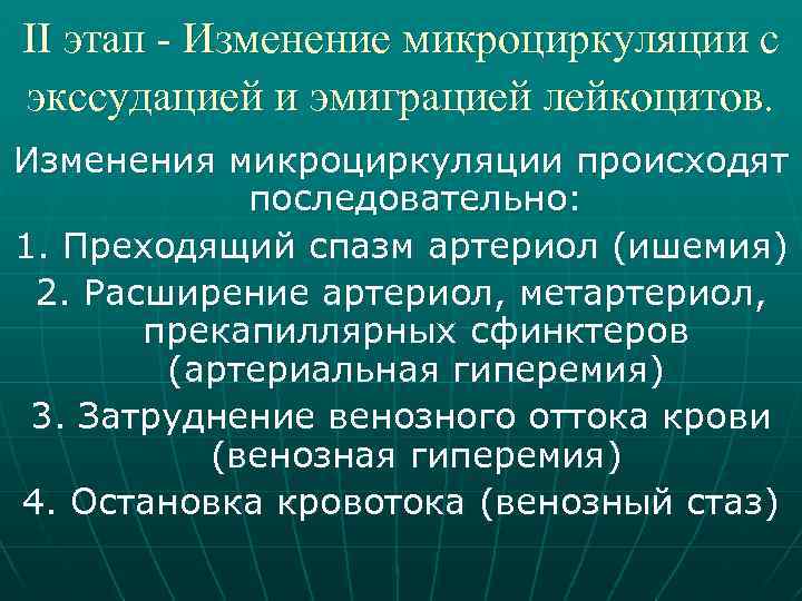 II этап - Изменение микроциркуляции с экссудацией и эмиграцией лейкоцитов. Изменения микроциркуляции происходят последовательно: