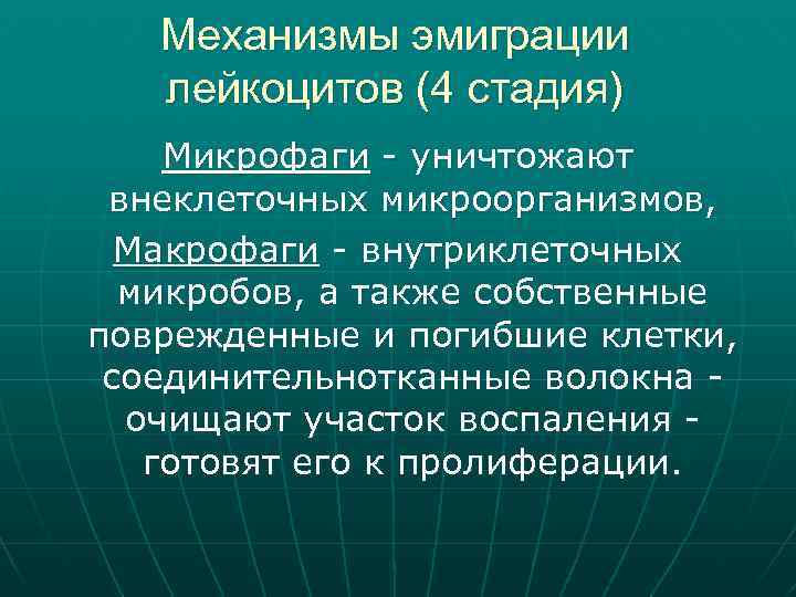 Механизмы эмиграции лейкоцитов (4 стадия) Микрофаги - уничтожают внеклеточных микроорганизмов, Макрофаги - внутриклеточных микробов,
