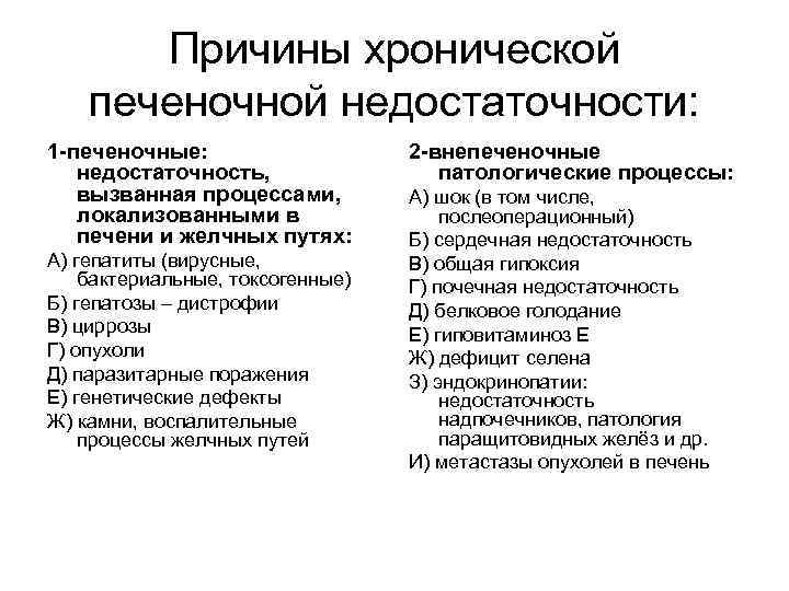 Причины хронической печеночной недостаточности: 1 -печеночные: недостаточность, вызванная процессами, локализованными в печени и желчных