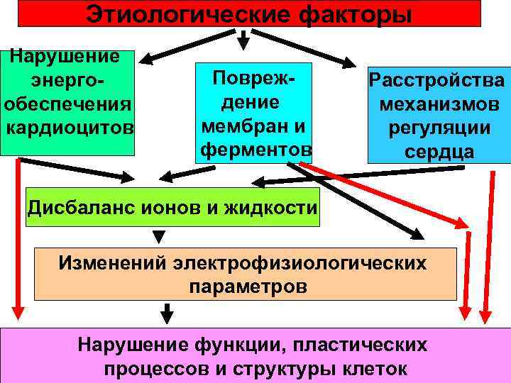 Этиологические факторы Нарушение энергообеспечения кардиоцитов Повреждение мембран и ферментов Расстройства механизмов регуляции сердца Дисбаланс